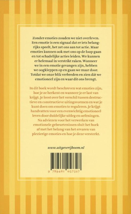 Achterflap van een boek met tekst over het belang van emoties en een website URL.
