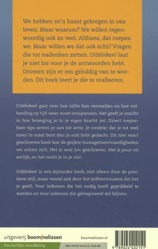 Achterkant boek 'Uitblinken!' met beschrijvende tekst en uitgeverij boom/nelissen.