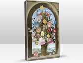 Vaas met bloemen in raam - Ambrosius Bosschaert de Oude - 19,5 x 30 cm - Niet van echt te onderscheiden schilderijtje op hout - Mooier dan een print op canvas - Laqueprint.