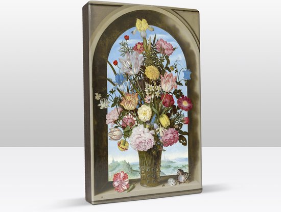 Vaas met bloemen in raam - Ambrosius Bosschaert de Oude - 19,5 x 30 cm - Niet van echt te onderscheiden schilderijtje op hout - Mooier dan een print op canvas - Laqueprint.