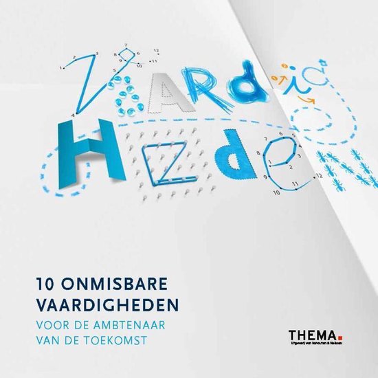 Boek '10 onmisbare vaardigheden voor de ambtenaar van de toekomst' met abstracte letters en cijfers.