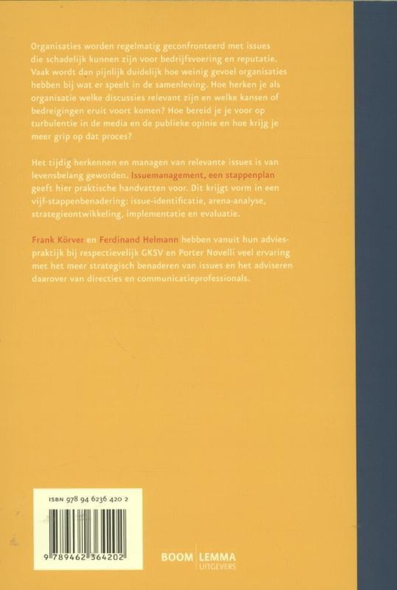 Gele achtergrond met Nederlandse tekst over issuesmanagement, de auteurs en ISBN.
