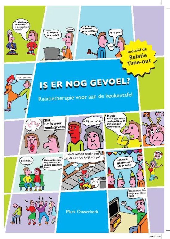 Boekomslag met stripverhaal, 'Is er nog gevoel? Relatietherapie voor aan de keukentafel' door Mark Ouwerkerk.
