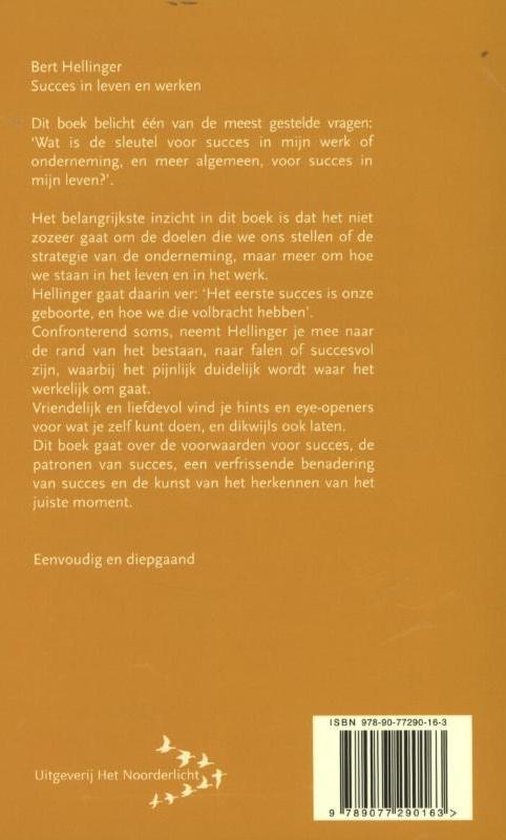 Achterkant boek 'Succes in leven en werken' van Bert Hellinger. Met ISBN-nummer en uitgever.