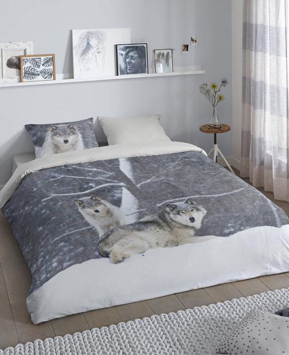 Good Morning Two Wolves Dekbedovertrek - Flanel - Litsjumeaux - 240x200/220 cm - Grijs