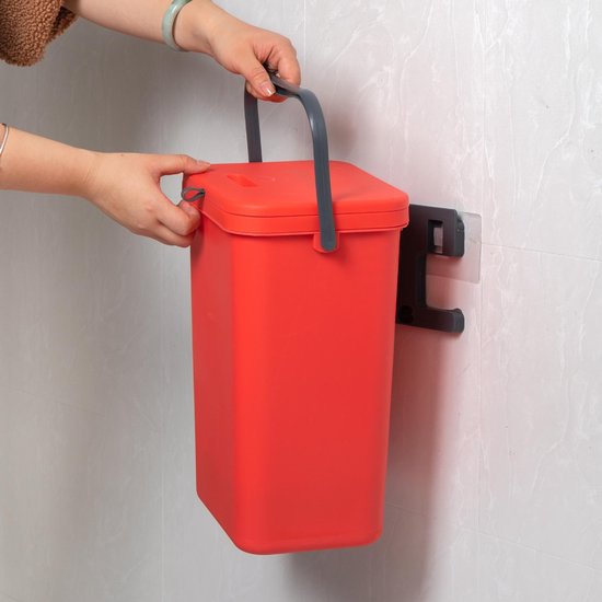 Homra Wall-up Prullenbak | Inbouwprullenbak Ophangbaar met Plakstrip | GFT Vuilbak | Werkblak Afvalbak | Draagbare Vuilnisemmer | 12L inhoud | Rood