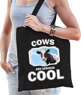 Dieren koe  katoenen tasje volw + kind zwart - cows are cool boodschappentas/ gymtas / sporttas - cadeau koeien fan
