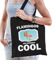 Dieren flamingo  katoenen tasje volw + kind zwart - flamingos are cool boodschappentas/ gymtas / sporttas - cadeau flamingo vogels fan