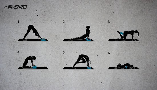 Illustration de 6 exercices de yoga avec des blocs de yoga bleus.