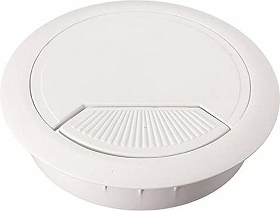 Witte, ronde kunststof kabeldoorvoer met verstelbaar deksel met ribbelpatroon.