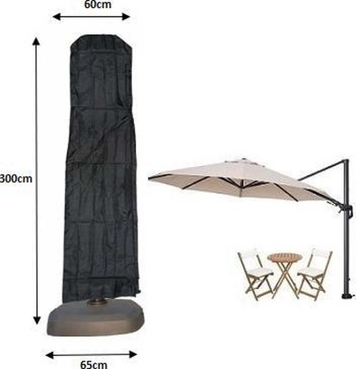 Parasolhoes voor Zweefparasol - Met Stok en Rits - Zwart - 300x60 cm (HxB)