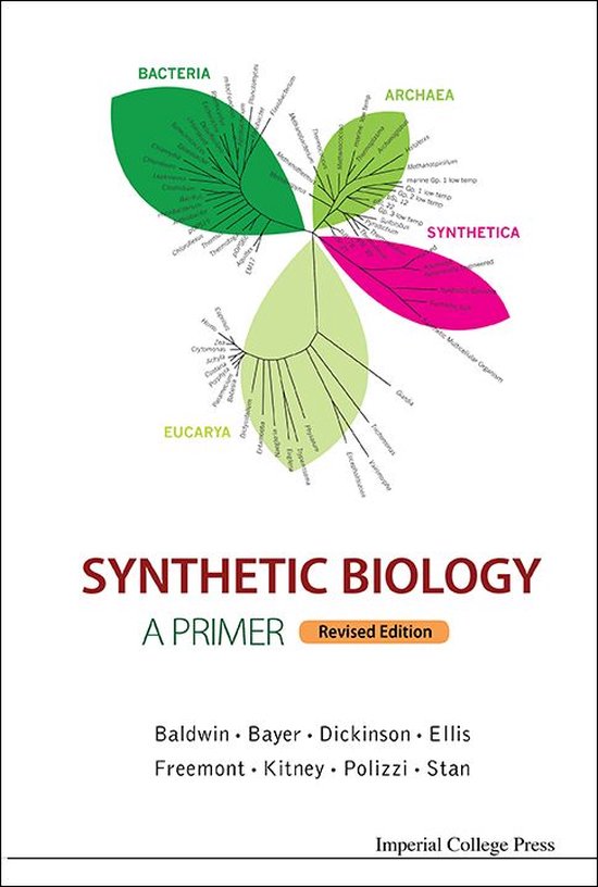 Couverture de livre avec un diagramme arborescent de BACTÉRIES, ARCHÉES, EUCARYOTES et SYNTHÉTIQUES. Titre : SYNTHETIC BIOLOGY A PRIMER.