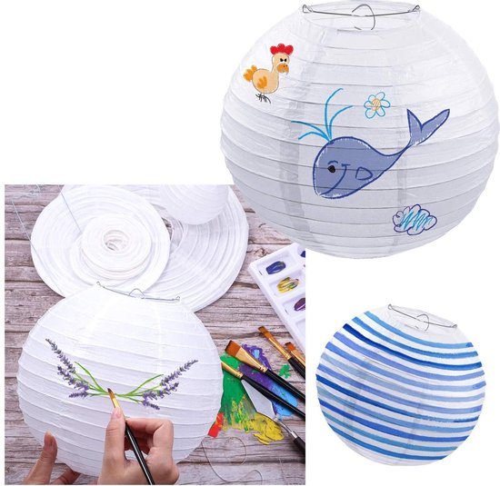 Witte lampionnen versierd met een walvis en lavendel, met verf en kwasten.
