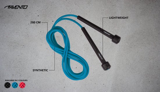Turquoise Avento springtouw met zwarte handgrepen, 280 cm lang en lichtgewicht.