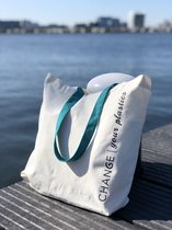 Duurzame Change Your Plastics Canvas Tote Bag - Plastic alternatief - Boodschappentas - Sporttas - Werk/ Schooltas - Milieuvriendelijk - Wit/Groen