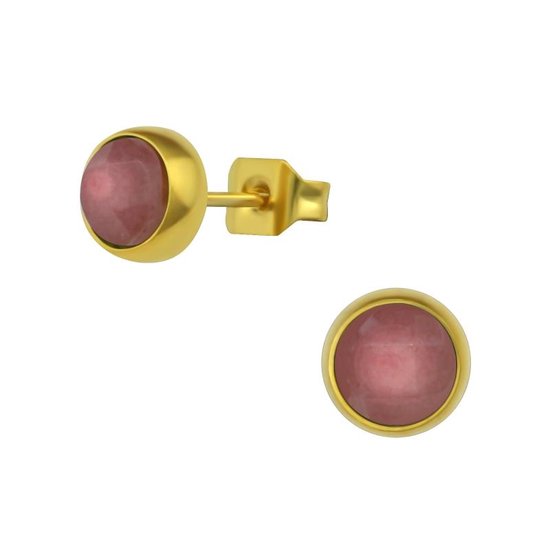 Aramat jewels ® - Zweerknopjes roze aardbeienkwarts chirurgisch staal goudkleurig 6mm