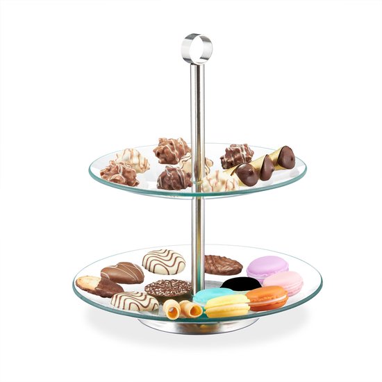 Relaxdays glazen etagere - 2-laags - serveerschaal - hapjessschaal - bonbonniere - rond