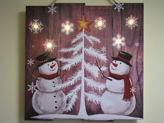 Houten wandbord met LED verlichting - Kerst schilderij - 2 Sneeuwpoppen bij  kerstboom... | bol