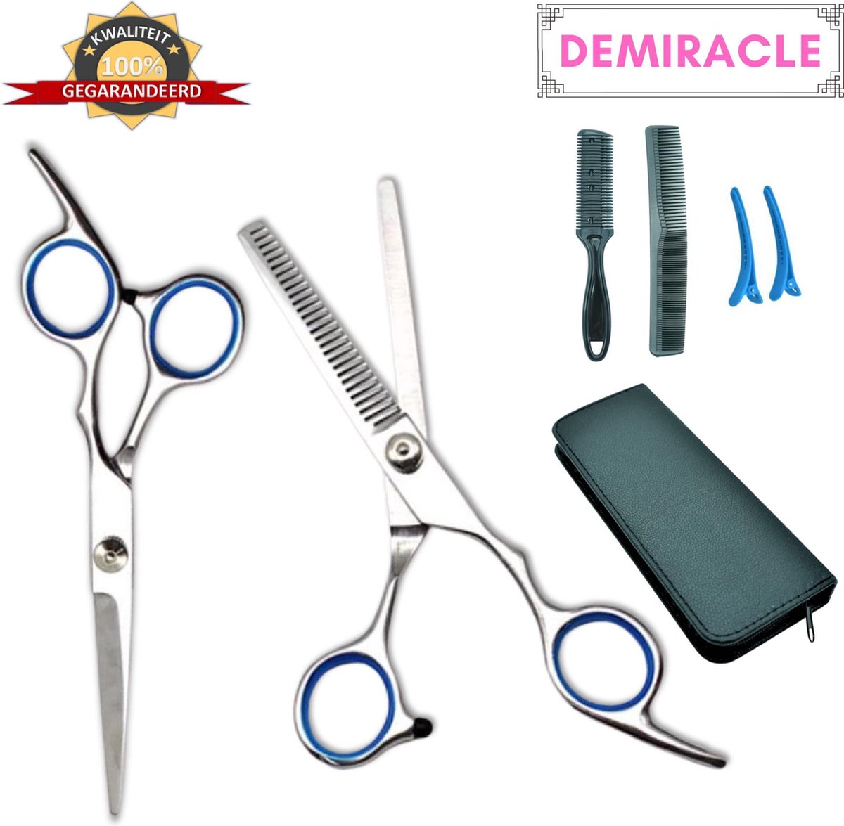 Demiracle Professionele Kappersset inclusief Trimkam – Zilveren scharen – Leren Etui – Kapper – Knipschaar – Effileerschaar – Uitdunschaar – Haarschaar – Ergonomisch