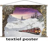 textiel poster kerst - 60 x 45 cm - doorkijk kerst trein - winterlandschap - kerst decoratie - muur decoratie - kerstversiering