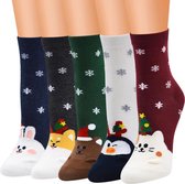 5x Kerstsokken dames/meisjes - Winter sokken met dieren en sneeuwvlokken - maat 35-39