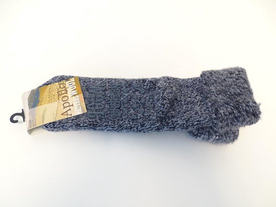 Grijze melange huissok met omslagboord, antislip noppen en label 'Apollo 100% WOOL'.
