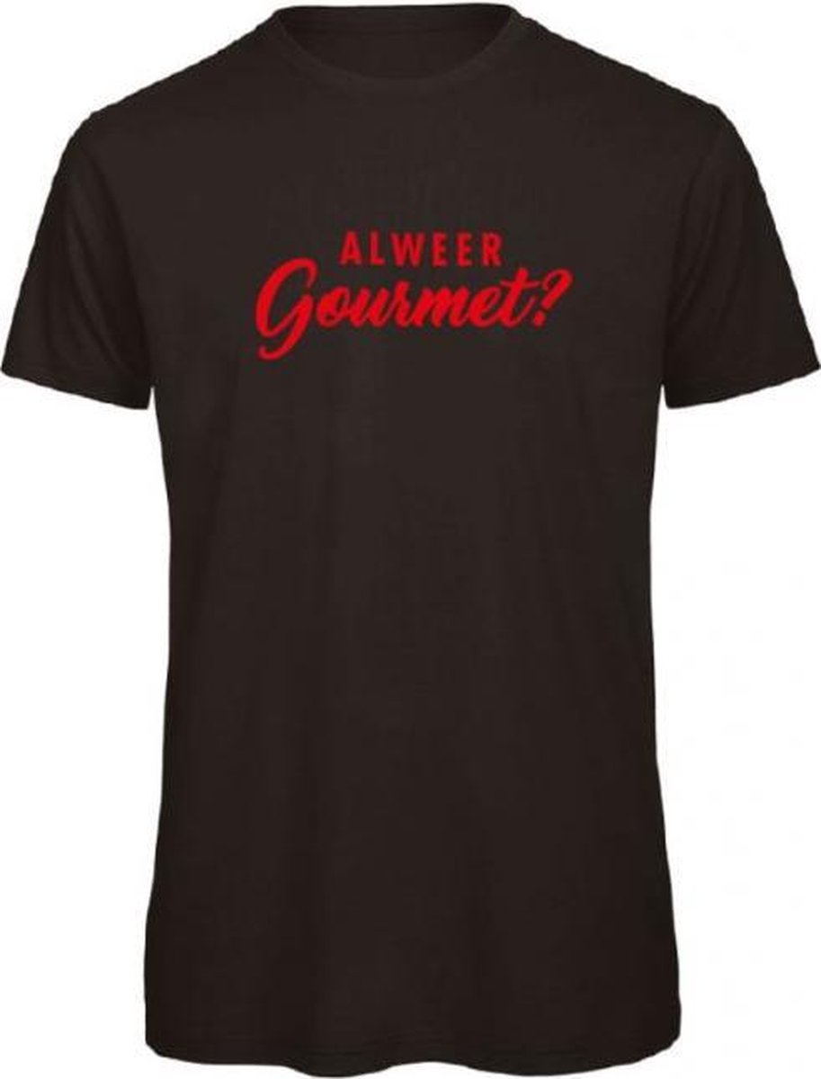 Foute kersttrui t-shirt zwart S - Al weer gourmet? - rood glitter - soBAD. | Kerst t-shirt soBAD. | kerst shirts volwassenen | kerst t-shirts volwassenen | Kerst outfit | Foute kerst t-shirts