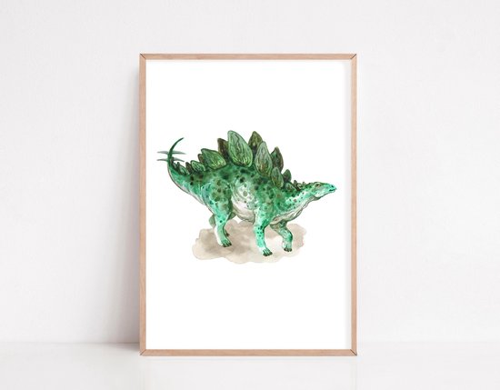 Une aquarelle d'un Stégosaure vert avec des plaques sur le dos, debout sur un fond clair.