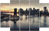 Schilderij , Zonsopkomst bij Brooklyn Bridge , Zwart grijs ,4 maten , 5 luik , wanddecoratie , Premium print , XXL