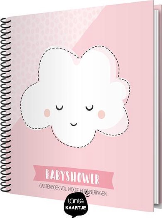 Roze baby gastenboek met een schattige wolk op de voorkant en tekst "Babyshower Gastenboek vol mooie herinneringen".