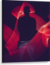 Canvas  - Abstracte Rode Lichtgevende Strepen met Mensen Silhouette  - 75x100cm Foto op Canvas Schilderij (Wanddecoratie op Canvas)