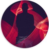 Forex Wandcirkel - Abstracte Rode Lichtgevende Strepen met Mensen Silhouette  - 70x70cm Foto op Wandcirkel (met ophangsysteem)