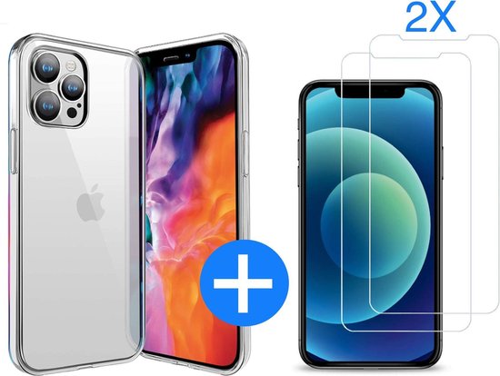 iPhone 12 Pro Max Hoesje Transparant - Apple iphone 12 pro max hoesje Siliconen Case Back Cover Clear - 2x iPhone 12 pro max screenprotector Tempered Glass Screen Protector Glas