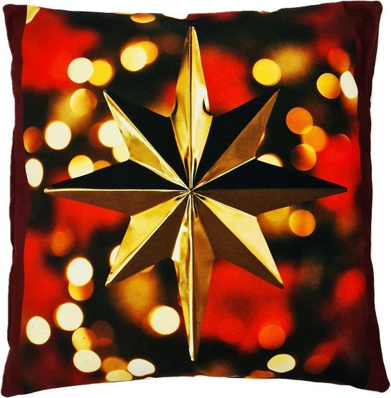 Kerstster | Kerst Kussen | Goudgeel | Rood | Zwart | Sierkussenhoes | Super Zacht | Wasbaar | Decoratie | 45cm x 45cm