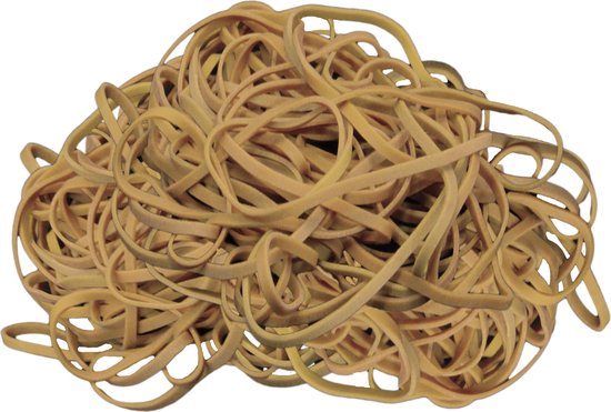 Een hoop natuurlijke elastiekjes met een diameter van 100 mm en een breedte van 3 mm.