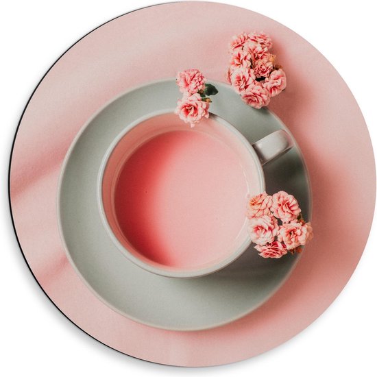 Dibond Wandcirkel - Roze Tafelkleed, Drank en bloemetjes - 50x50cm Foto op Aluminium Wandcirkel (met ophangsysteem)
