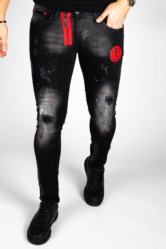 Jeans zwart ICON met rode rits - skinny fit & stretch denim heren - Maat 29  | bol