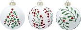 Set van 3 - Gedecoreerde witte kerstballen met kerstgroen 8 cm