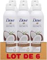 Drie flacons Dove Nourishing Secrets Bodylotion Spray met kokosolie en amandelmelk. Witte flacons met kokos- en palmbladillustraties. "LOT DE 6" staat op een oranje banner.