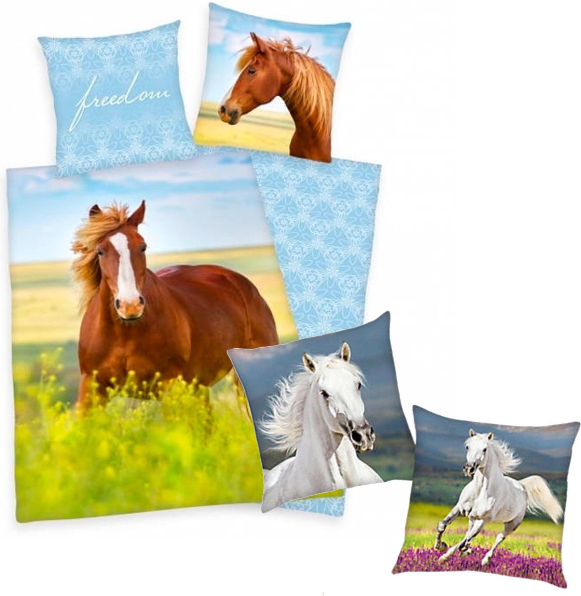 Dekbedovertrek Paard, 140 x 200 cm, Paard in bloemenwei , Dekbed eenpersoons - incl. sierkussen wit paard 40x40 cm