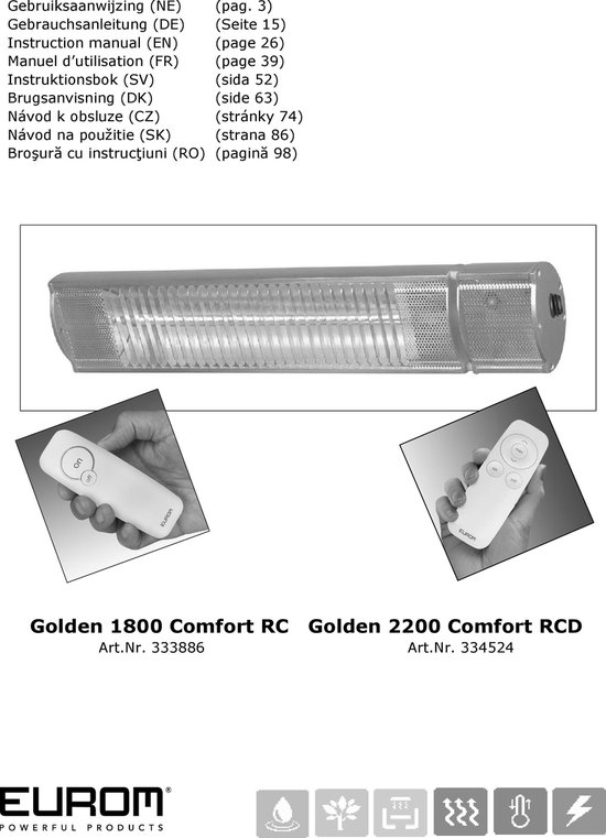 Verbeteren partner doe niet Eurom Terrasverwarming Golden 2200 Comfort RC zwart 2200 Watt - IP65  Spuitwaterdicht... | bol.com