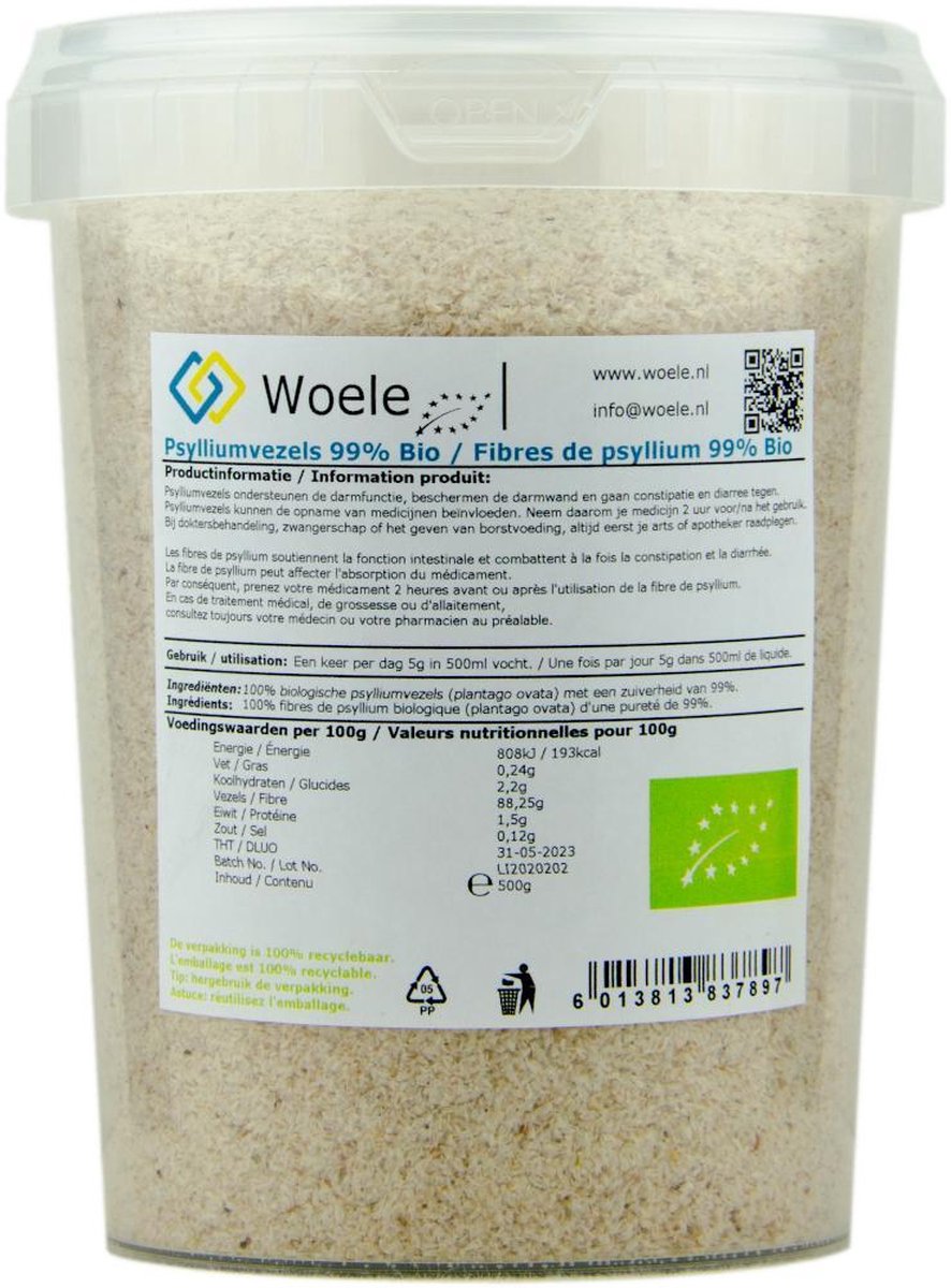 Psylliumvezels bio 99% zuiverheid 500g psyllium husk vlozaad vezel