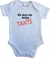 Witte romper met "Ik pas op mijn tante" - maat 68 - babyshower, zwanger, cadeautje, kraamcadeau, grappig, geschenk, baby, tekst, bodieke