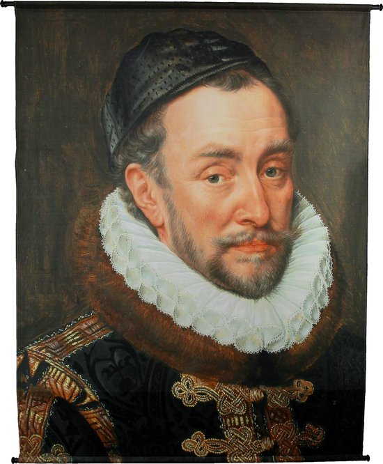 Schilderij van een man met baret, witte kanten kraag, bruine bontkraag en sierlijk versierd zwart pak.