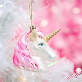Set van 2 Eenhoorn Kersthangers Roze en Zilver – twee unicorn hoofden glazen kerstboom decoratie 9 cm