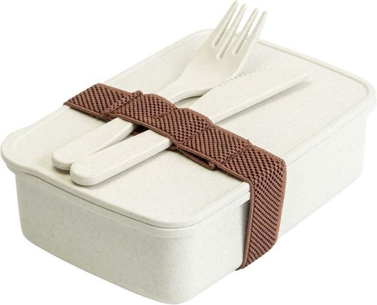 Bamboevezel broodoos - lunchbox met bestek / vork en mes 15.5X11XH5cm - bruin / wit