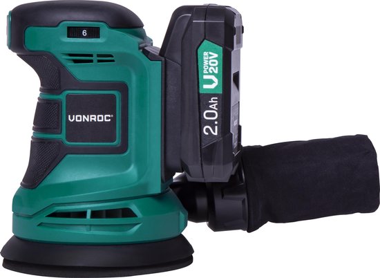 Groene en zwarte Vonroc excentrische schuurmachine met 20V 2.0Ah accu en stofzak.