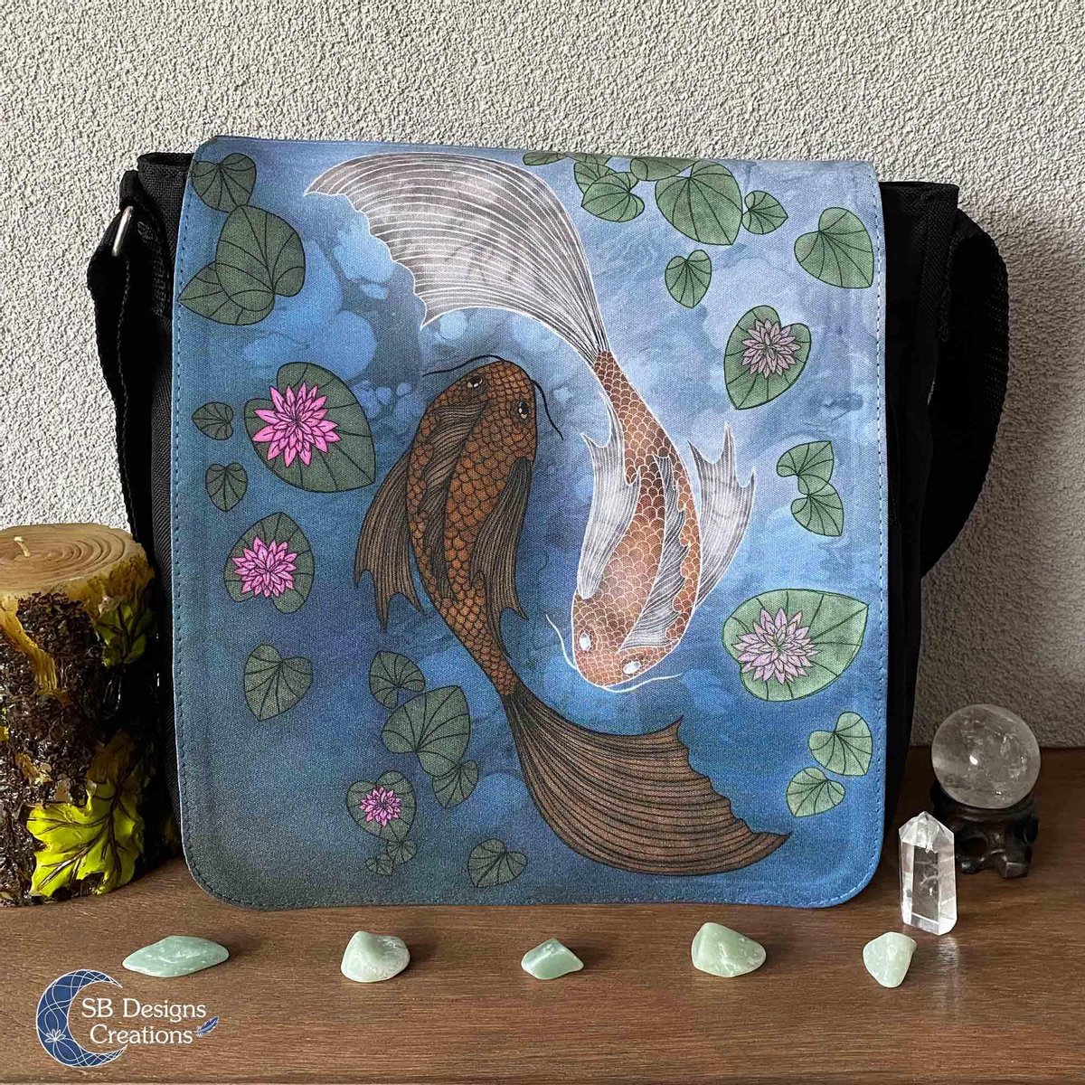 Koi Karpers Schoudertas - Yin Yang - Japans - Vierkante tas met illustratie - Vissen Sterrenbeeld - Pisces - Waterlelies - Heks - Natuur - Magie