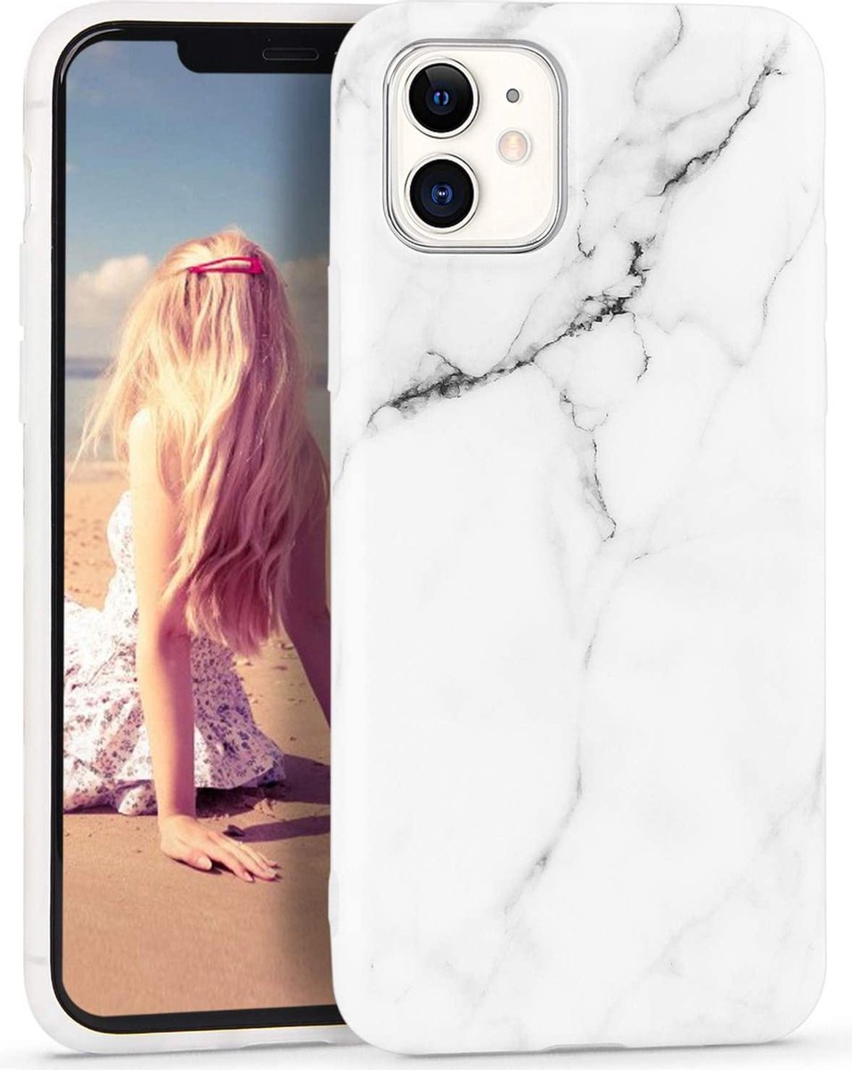 Geschikt voor Apple iPhone 12 hoesje - Wit / Zwart - Marmer - Soft TPU