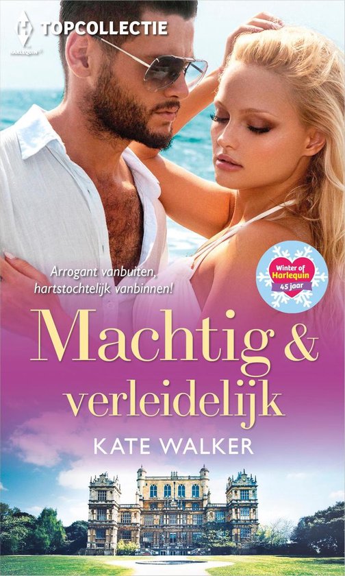 Man met zonnebril en vrouw met blond haar, met landhuis op achtergrond. Titel: Machtig & verleidelijk.